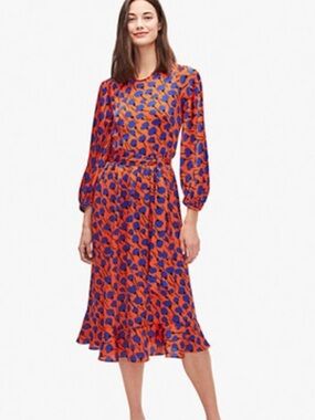 Kate Spade Orange and Blue Floral Midi Belted Dress - New York Seascape